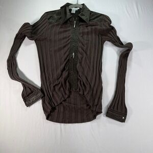 Cabi Brown Ribbed Silk Blend Full Zip Sweater Jacket Women's XS Mixed Media